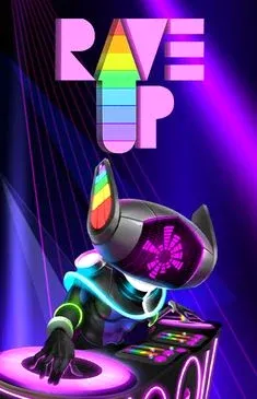 Rave Up slot with neon DJ and rainbow letters